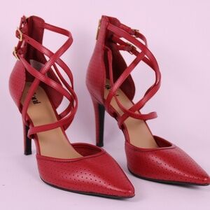 0328-Fioni Red Strappy Stiletto Heels | Pointed Toe | Size 10